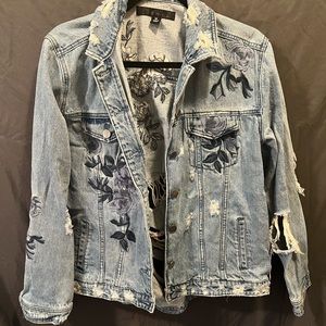Rose embroidered / distressed detail denim jacket